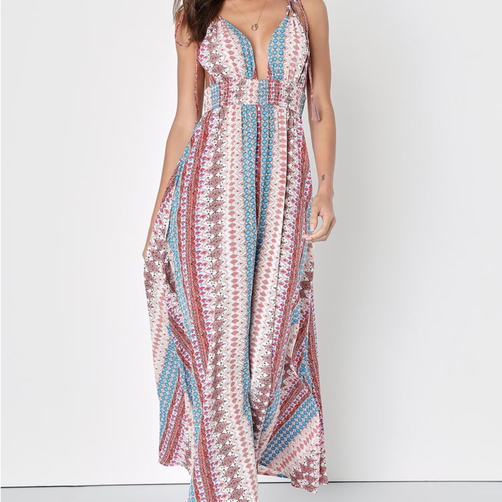 Closet Clearout Lulu’s Maxin' Relaxin' Blue Multi Print Tie-Strap Maxi